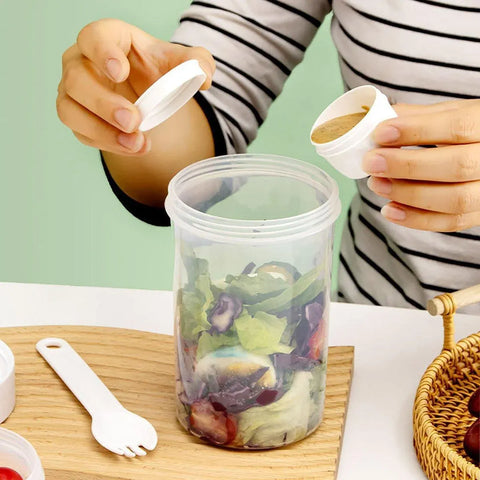 Double Plastic Salad Cup with Fork Sealed Breakfast Container for On-the-Go Meal - 760ml-Green