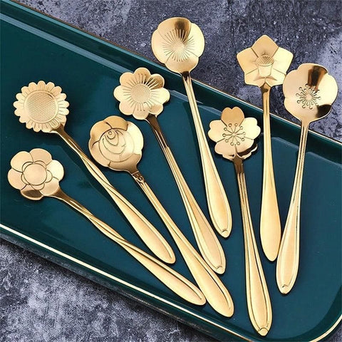 8X Spoon Long Handle Dessert Tea Coffee Mixing Spoon Stainless Steel Teaspoon - Gold