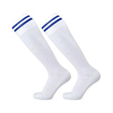 Mens Womens Sports Breathable Tube Long High Socks Knee Warm Casual Footy Soccer - White+Blue