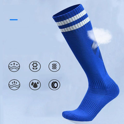 Mens Womens Sports Breathable Tube Long High Socks Knee Warm Casual Footy Soccer - White+Blue