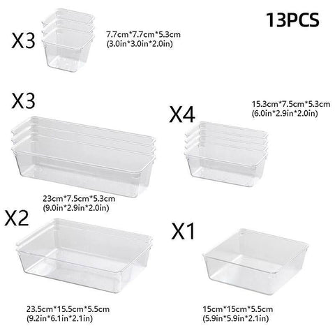 Transparent Plastic Drawer Organiser Set Multifunctional Desktop Storage Box - 13PCS