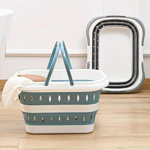 Large Folding Laundry Basket Plastic Dirty Clothes Hamper Blue Bathroom Storage - Blue