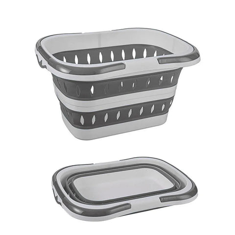 Large Folding Laundry Basket Plastic Dirty Clothes Hamper Blue Bathroom Storage - Grey