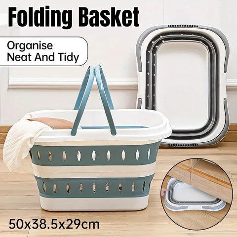 Large Folding Laundry Basket Plastic Dirty Clothes Hamper Blue Bathroom Storage - Grey