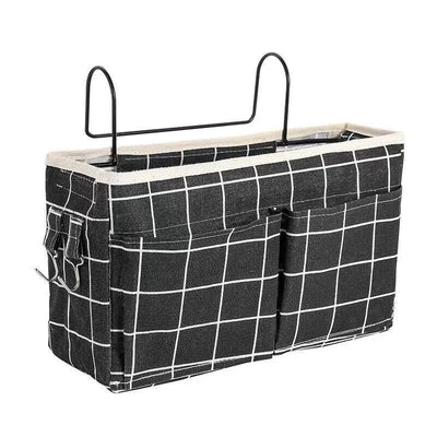 Hanging Bedside Storage Caddy with Pockets for Bunk Bed Dorm Couch Organizing - Black Grid