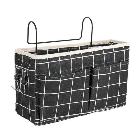 Hanging Bedside Storage Caddy with Pockets for Bunk Bed Dorm Couch Organizing - Black Grid