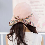Wide Brim Sun Hat for Women Foldable Floppy Beach Cap with Bow Travel Style - Grey