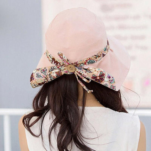 Wide Brim Sun Hat for Women Foldable Floppy Beach Cap with Bow Travel Style - Grey