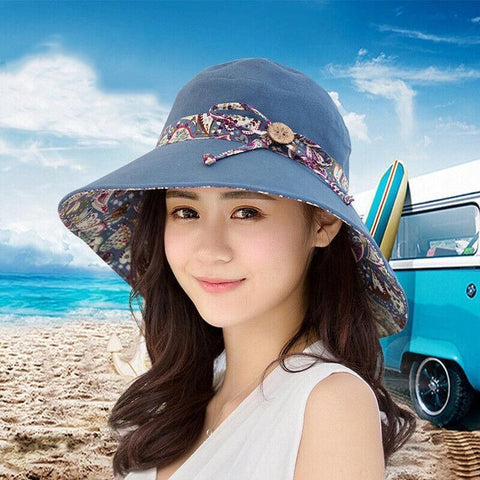 Wide Brim Sun Hat for Women Foldable Floppy Beach Cap with Bow Travel Style - Grey