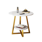 Round Side Table 2 Tier White Nightstand Coffee Sofa End Table Marble Design