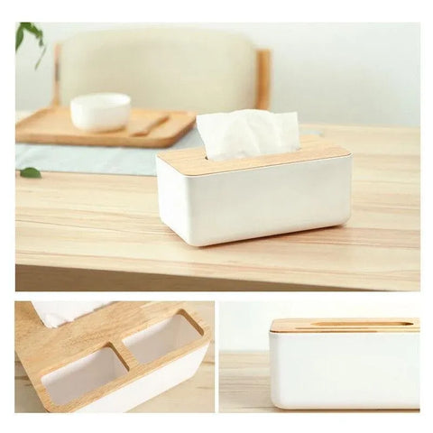 Wooden Lid Tissue Storage Box Dispenser for Napkins Desk Paper Holder Organiser - Pink
