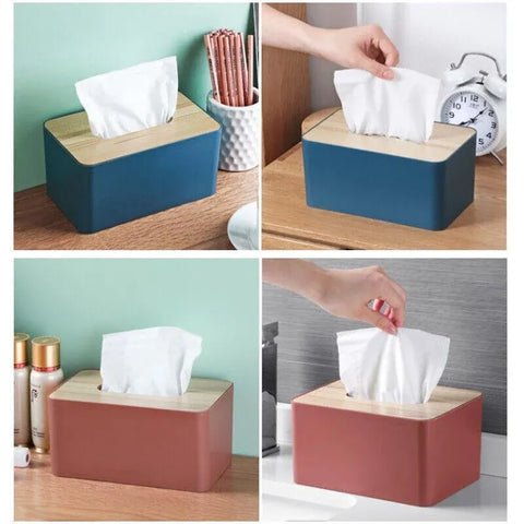 Wooden Lid Tissue Storage Box Dispenser for Napkins Desk Paper Holder Organiser - Pink