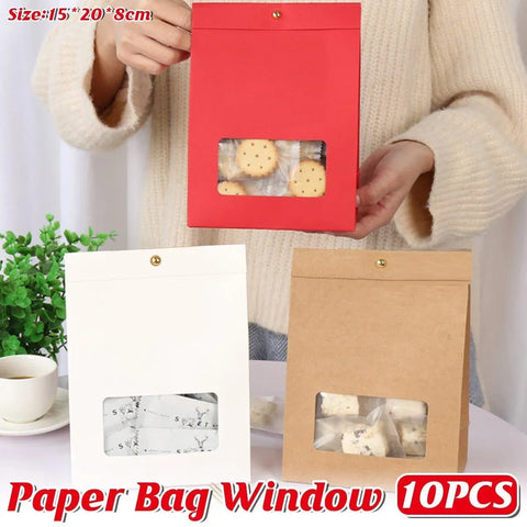 10PCS Snowflake Kraft Paper Candy Bag with Window Biscuit Self Standing Food Bag - White