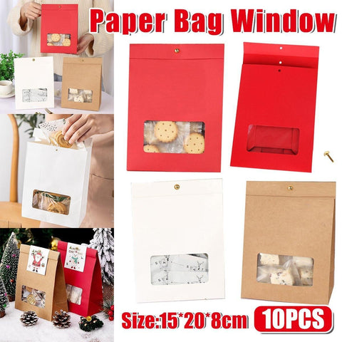 10PCS Snowflake Kraft Paper Candy Bag with Window Biscuit Self Standing Food Bag - White