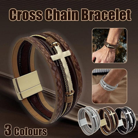 Men Cross Bracelet Multi-Layer Leather Wristband Stainless Steel Stylish Gift - Silver
