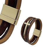 Men Cross Bracelet Multi-Layer Leather Wristband Stainless Steel Stylish Gift - Silver