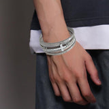 Men Cross Bracelet Multi-Layer Leather Wristband Stainless Steel Stylish Gift - Silver