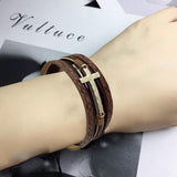 Men Cross Bracelet Multi-Layer Leather Wristband Stainless Steel Stylish Gift - Silver