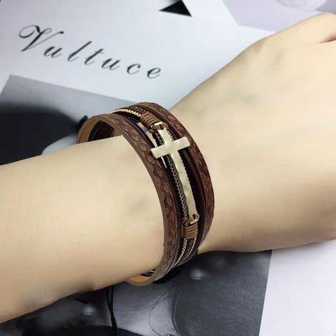 Men Cross Bracelet Multi-Layer Leather Wristband Stainless Steel Stylish Gift - Silver