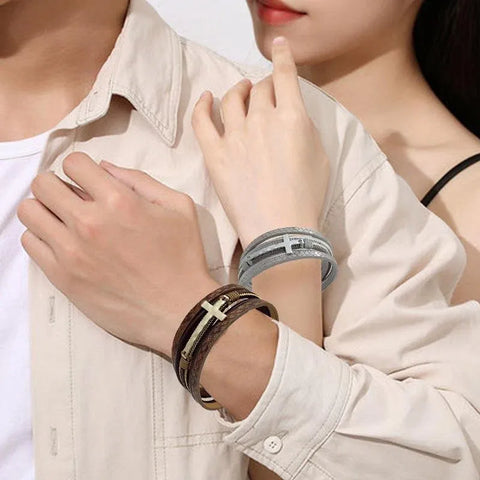 Men Cross Bracelet Multi-Layer Leather Wristband Stainless Steel Stylish Gift - Silver