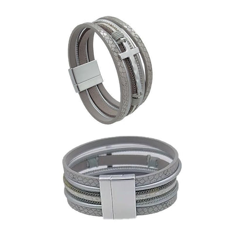 Men Cross Bracelet Multi-Layer Leather Wristband Stainless Steel Stylish Gift - Silver