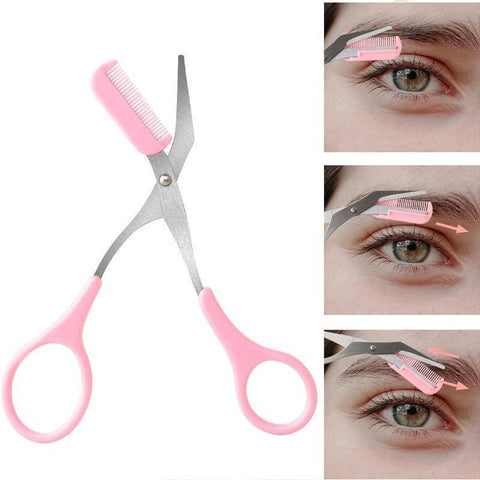 Eyebrow Trimmer Grooming Scissors Eyelash Thinning Shears Comb Brow Shaping Tool - Pink