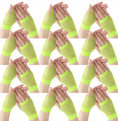 12 Pair Fishnet Gloves Fingerless Wrist Length 70s 80s Costume Party - Fluro Yellow