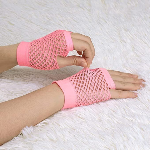 12 Pair Fishnet Gloves Fingerless Wrist Length 70s 80s Costume Party -Light Pink