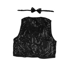 Kids Sequin Vest Bow Tie Set Costume 80s Party Dress Up Waistcoat - Black