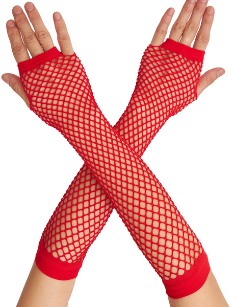 FISHNET GLOVES Fingerless Elbow Length 70s 80s Womens Costume Party Dance - Red - One Size