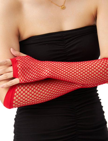 Long Elbow Length Fishnet Gloves Fingerless 70s 80s Womens Costume Party Dance in Red