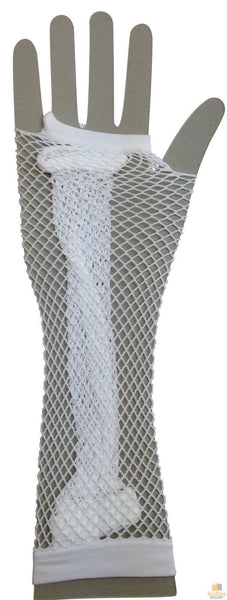 Long Elbow Length Fishnet Gloves Fingerless 70s 80s Womens Costume Party Dance in White