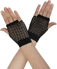 1 Pair Fishnet Gloves Fingerless Wrist Length 70s 80s Costume Party Dance - Black
