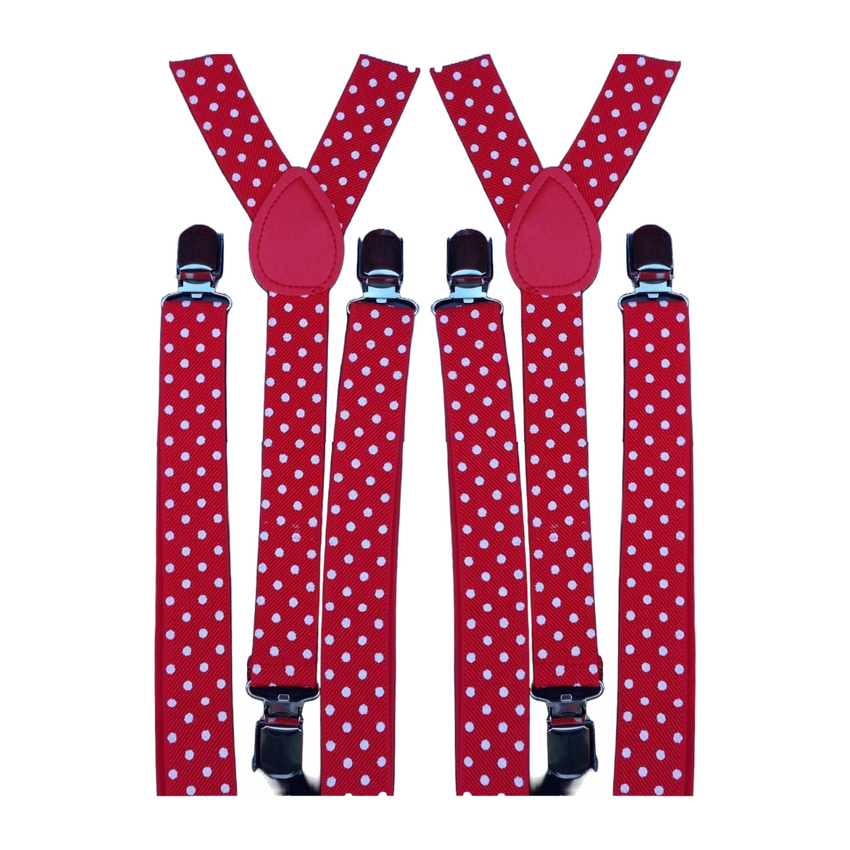 2x Mens Suspenders Braces Adjustable Strong Clip On Elastic Formal Wedding Slim - Red with White Polka Dot