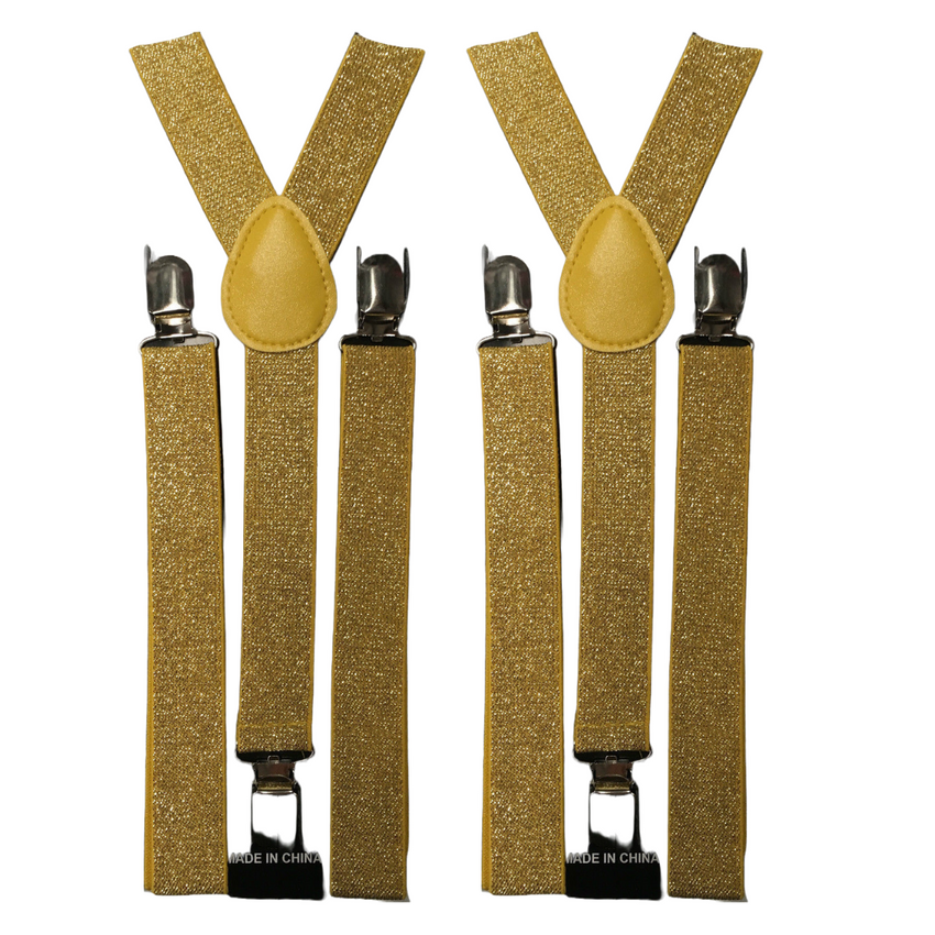 2x Mens Suspenders Braces Adjustable Strong Clip On Elastic Formal Wedding Slim - Gold (Glitter)