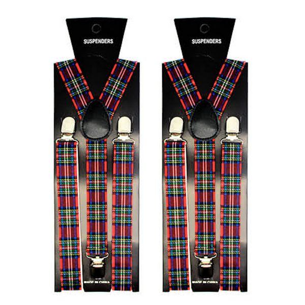 2x Mens Suspenders Braces Adjustable Strong Clip On Elastic Formal Wedding Slim - Tartan 2