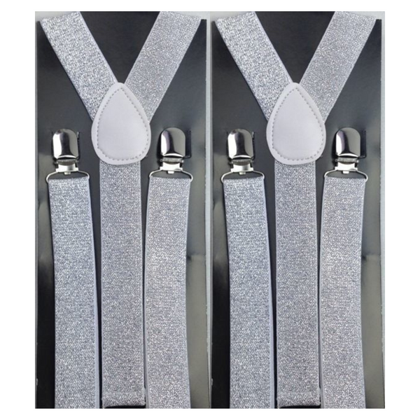 2x Mens Suspenders Braces Adjustable Strong Clip On Elastic Formal Wedding Slim - White (Glitter)