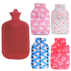 2L HOT WATER BOTTLE with Coral Fleece Cover Winter Warm Natural Rubber Bag
