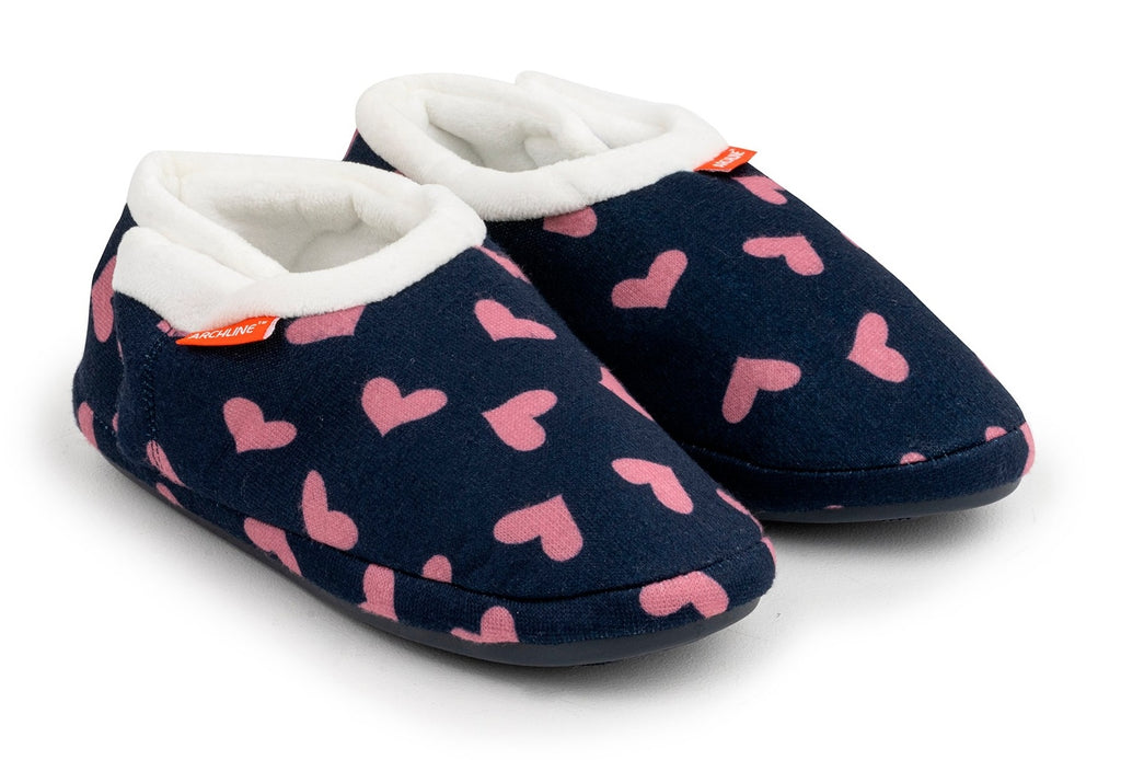 ARCHLINE Orthotic Slippers CLOSED Arch Scuffs Moccasins Pain Relief in Navy Hearts - EUR41