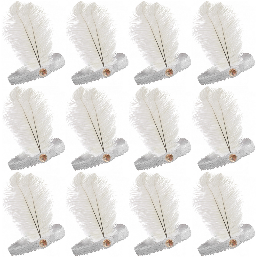 12x 1920s FLAPPER HEADBAND Headpiece Feather Sequin Charleston Gatsby Party BULK - White
