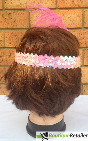 1920s FLAPPER HEADBAND Headpiece Feather Sequin Charleston Costume Gatsby Dance - Light Pink