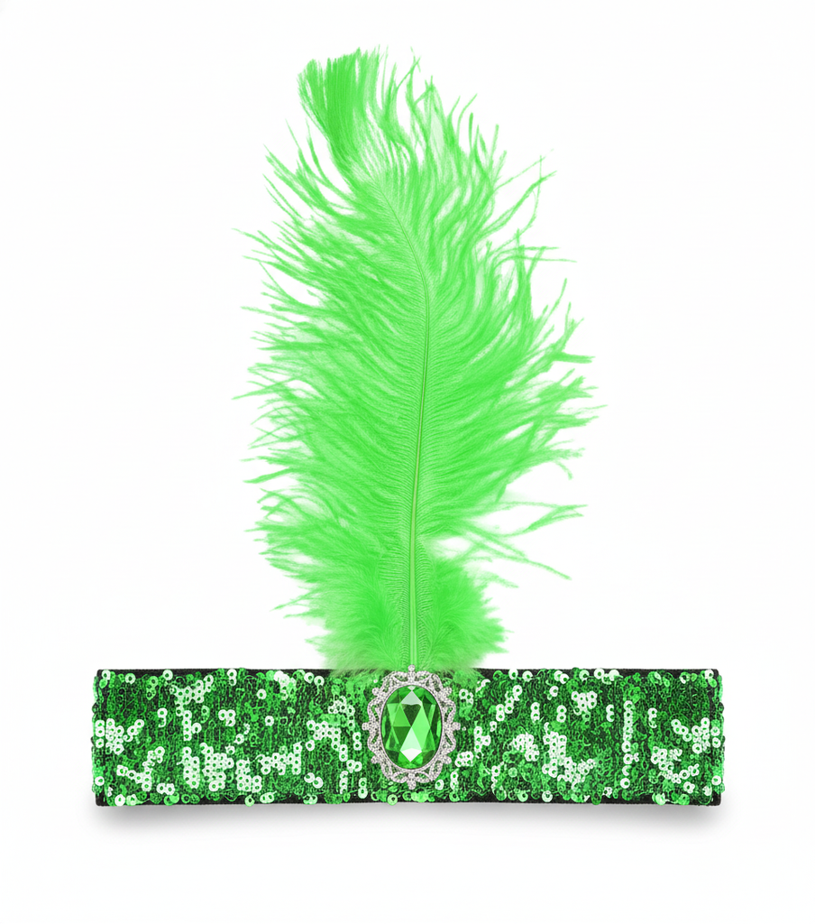 WIDE FLAPPER HEADBAND Feather Sequin Costume Gatsby Charleston Headpiece 1920s - Green