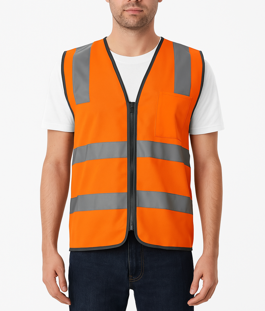 Hi Vis Safety Vest Reflective Tape Zip Up Workwear Pocket High Visibility in Orange - L