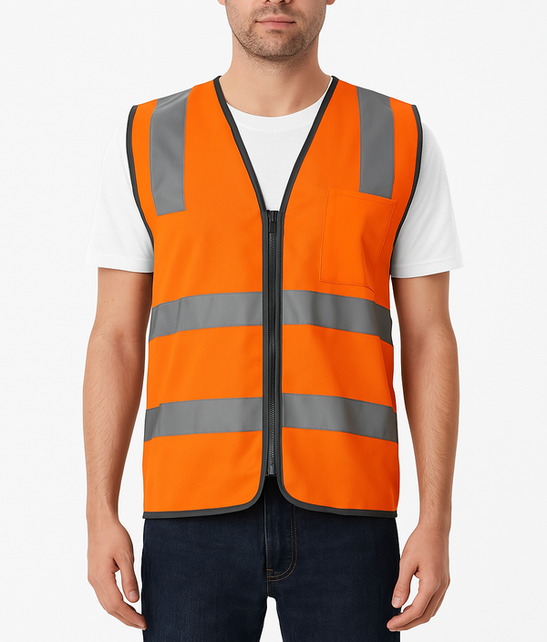Hi Vis Safety Vest Reflective Tape Zip Up Workwear Pocket High Visibility in Orange - XL