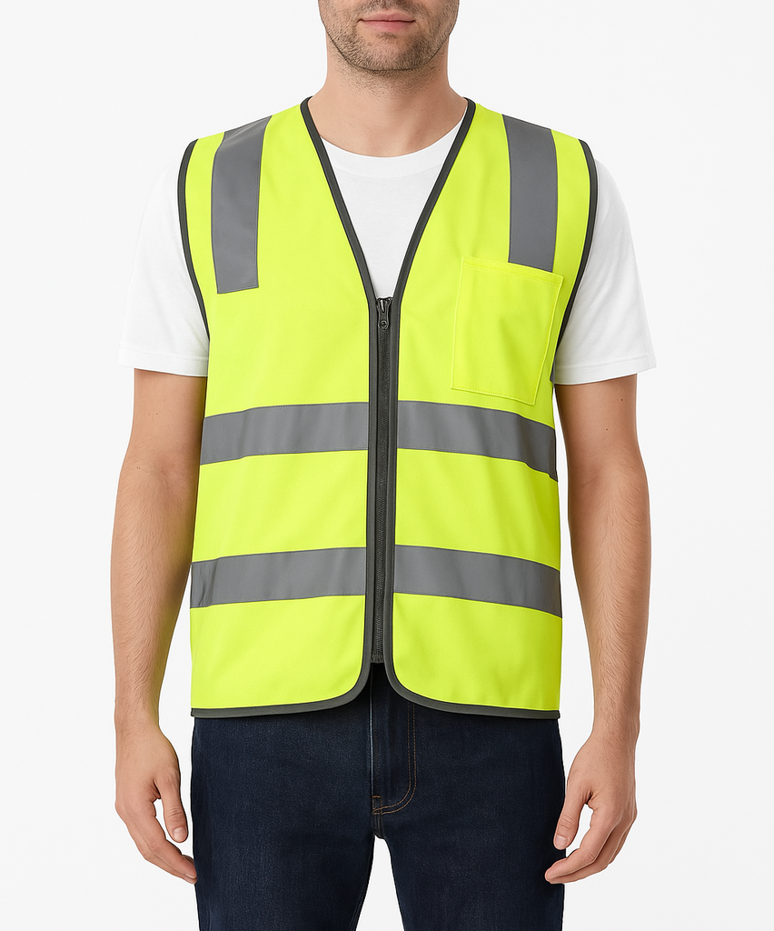 Hi Vis Safety Vest Reflective Tape Zip Up Workwear Pocket High Visibility in Yellow - L