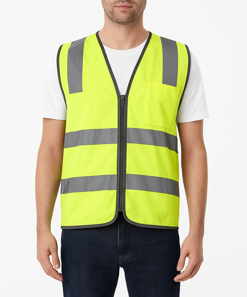 Hi Vis Safety Vest Reflective Tape Zip Up Workwear Pocket High Visibility in Yellow - XXL