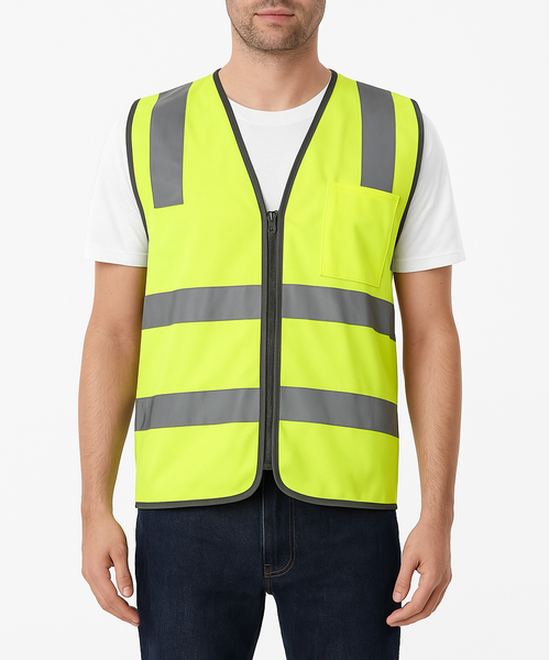 Hi Vis Safety Vest Reflective Tape Zip Up Workwear Pocket High Visibility in Yellow - XXL