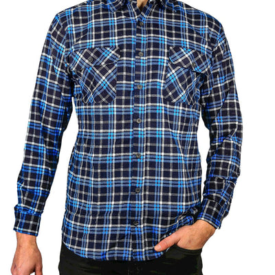 Mens Flannelette Long Sleeve Shirt 100% Cotton Check Authentic Flannel - Full Placket - Turquoise/Black