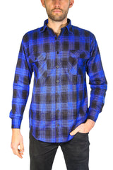 Mens Flannelette Long Sleeve Shirt 100% Cotton Check Authentic Flannel - Full Placket - Royal Blue  - 3XL