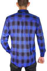 Mens Flannelette Long Sleeve Shirt 100% Cotton Check Authentic Flannel - Full Placket - Royal Blue  - L